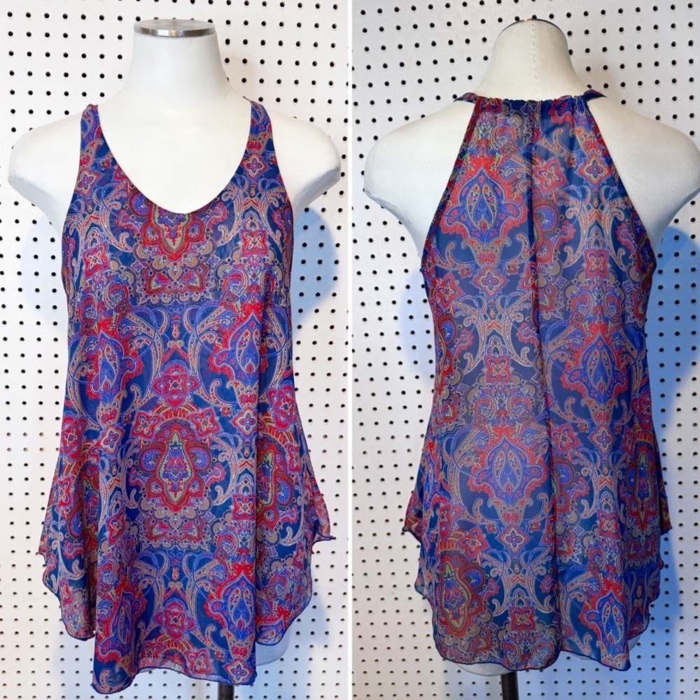 Allison Joy | ‎ Blue Red Paisley Sheer Racerback Chiffon Tank Top Medium USA